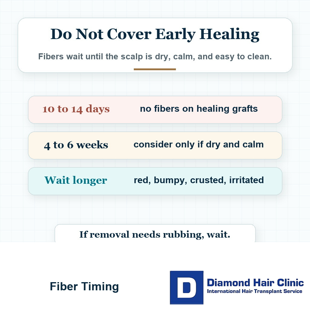 Timing card explaining when hair fibers may be safer after hair transplant recovery