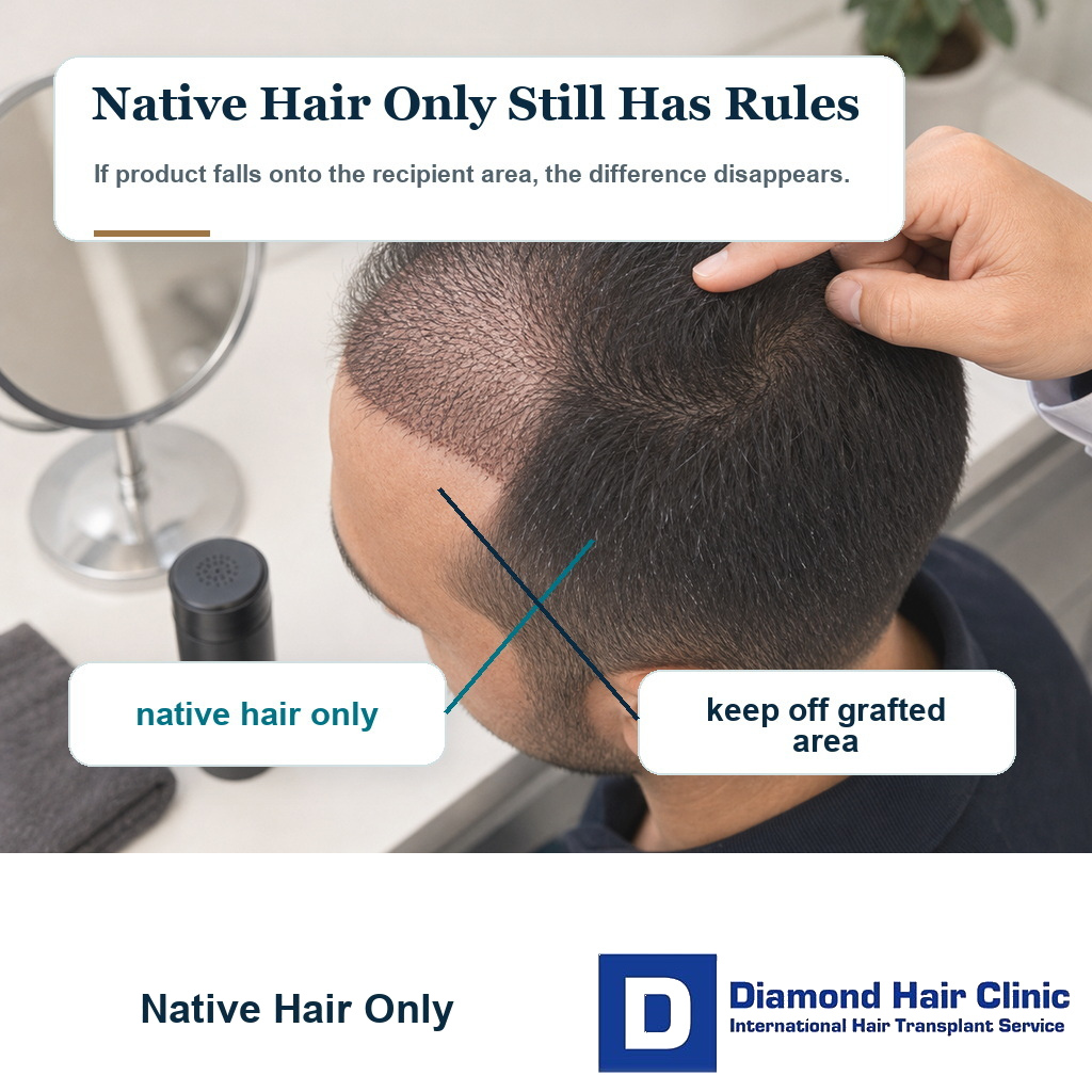 Visual showing hair fibers should stay on native hair and away from the recipient area after transplant