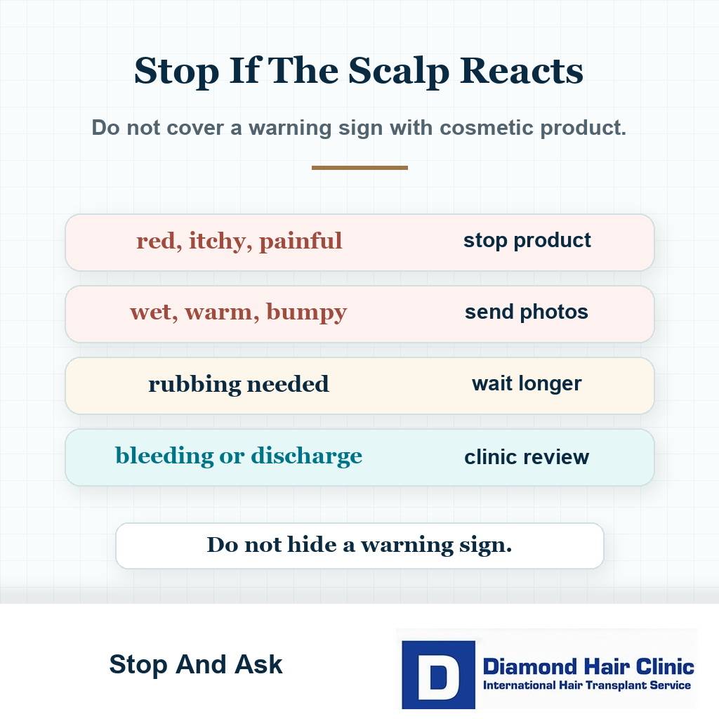 Safety card showing when to stop using hair fibers and ask the surgeon after hair transplant