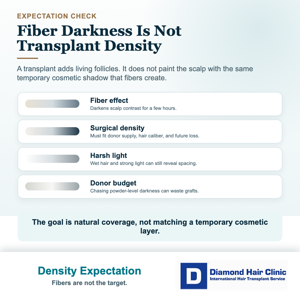 Diamond Hair Clinic visual explaining why hair fiber darkness before hair transplant should not become the density target for surgery