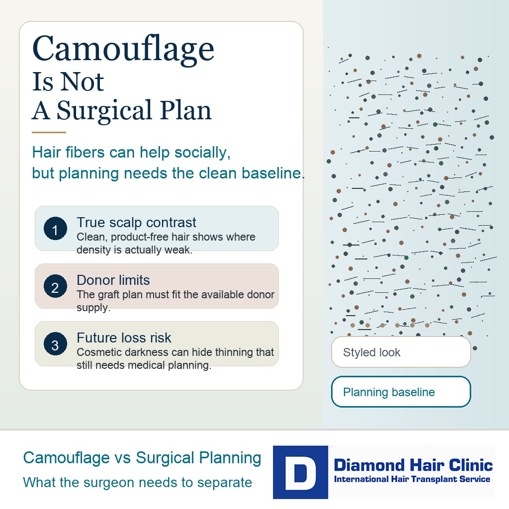 Diamond Hair Clinic visual comparing cosmetic camouflage with surgical planning before hair transplant