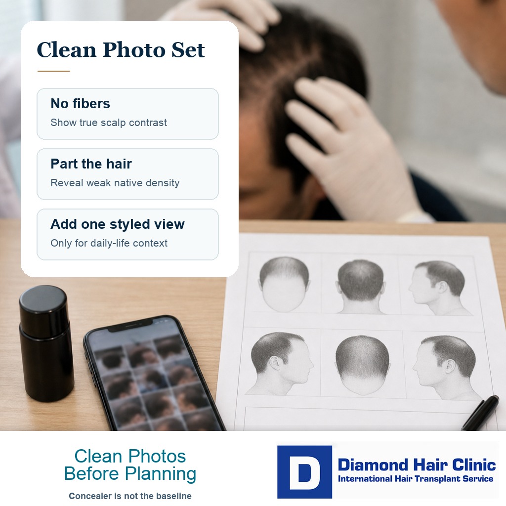 Hair fiber bottle set aside beside clean planning photos before hair transplant consultation