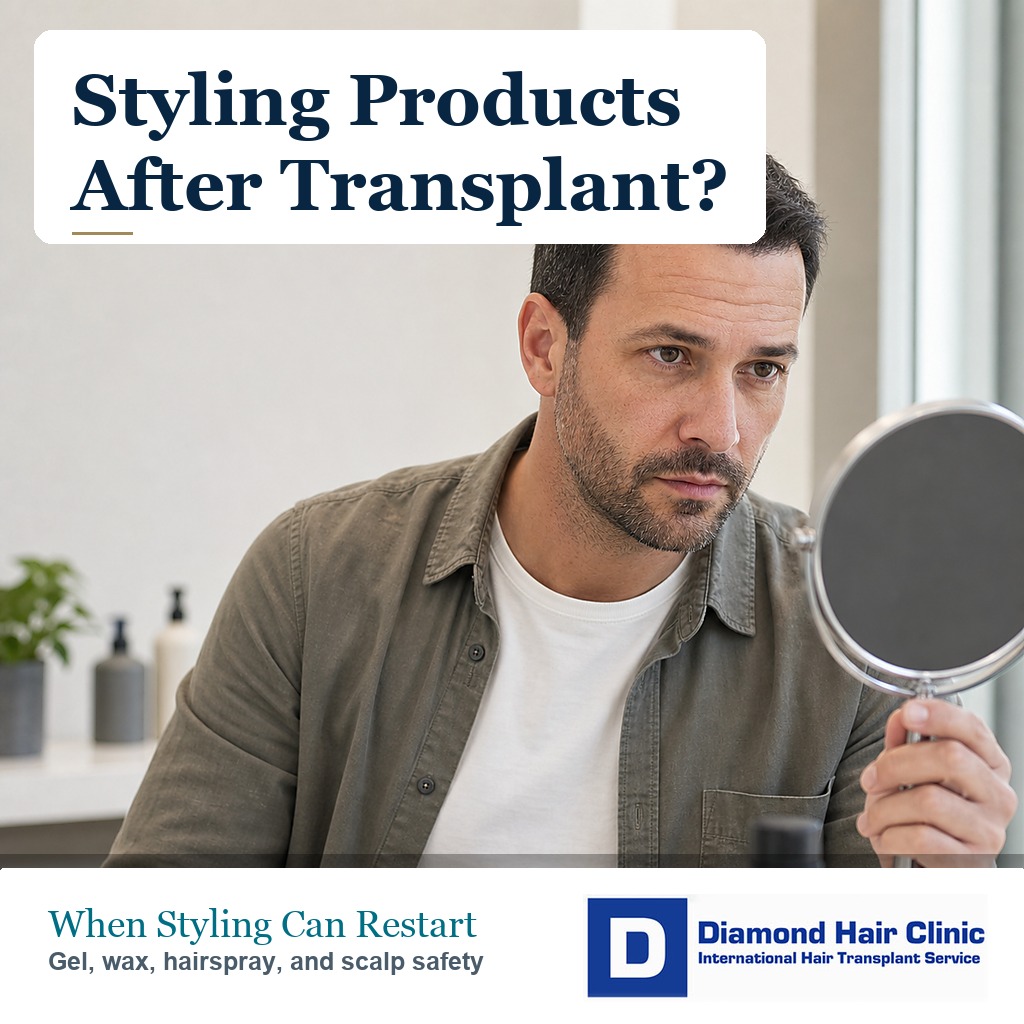 Man checking a healed hair transplant before using styling products after surgery
