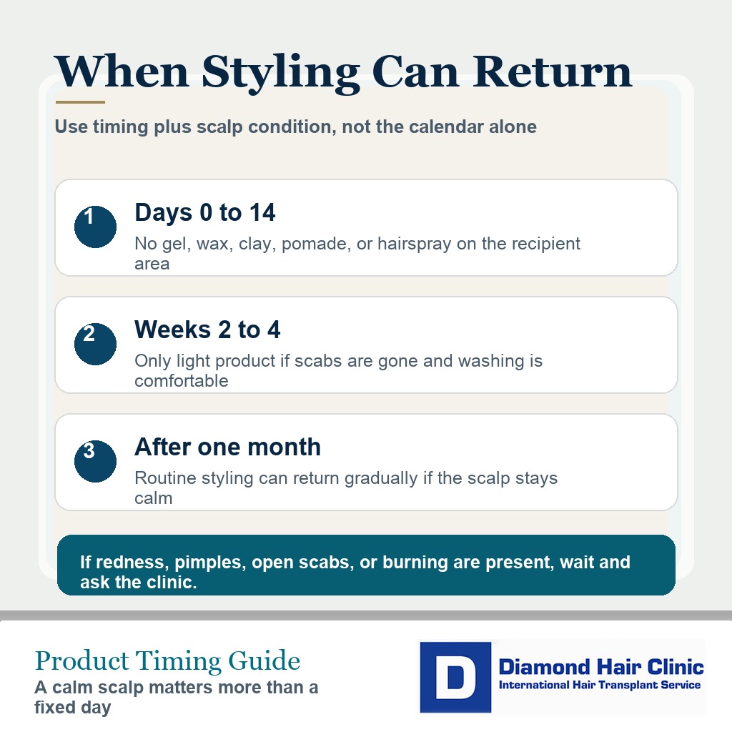 Timeline card showing when styling products can usually be reconsidered after a hair transplant