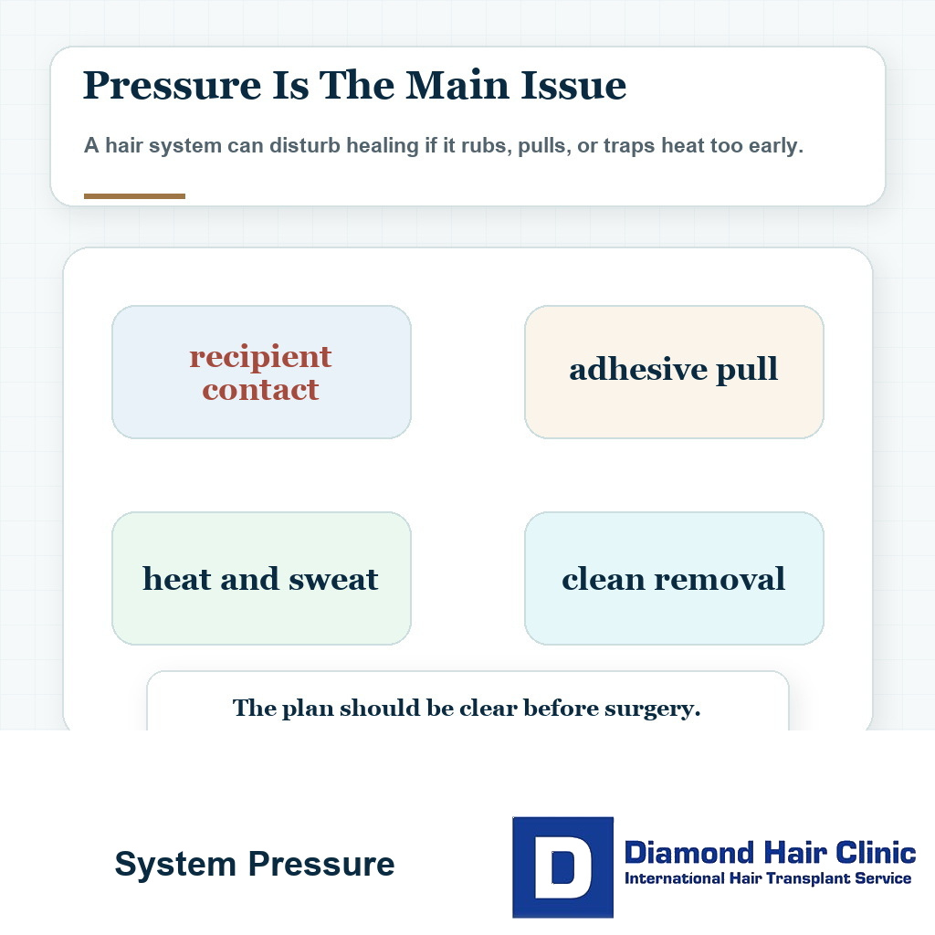 Hair system after hair transplant visual focused on pressure and contact risks
