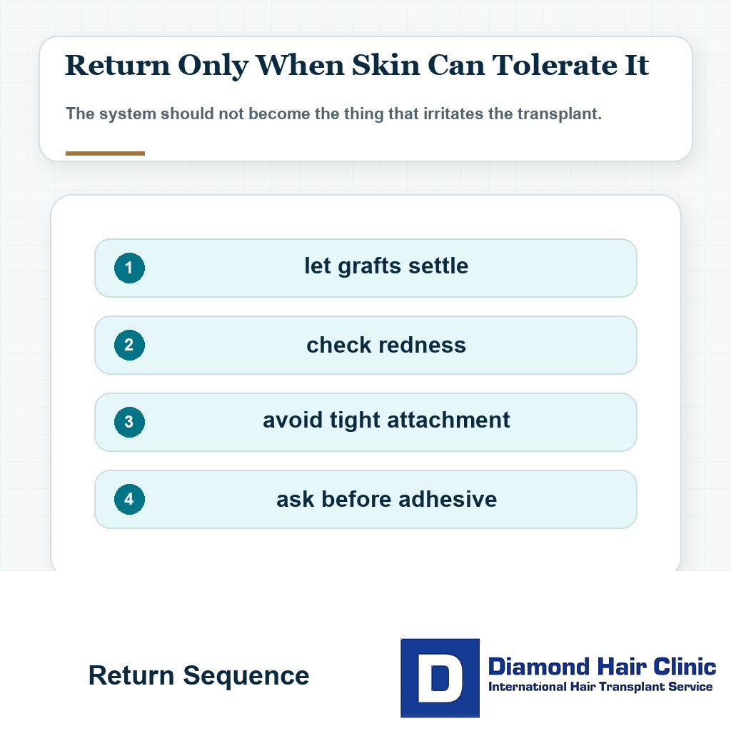 Return sequence visual for wearing a hair system after hair transplant surgery