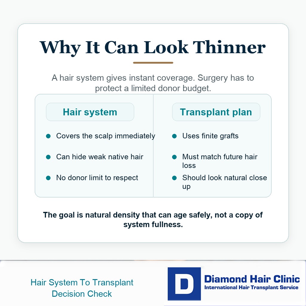 Comparison card explaining why a hair transplant may look thinner than a hair system because donor grafts are limited