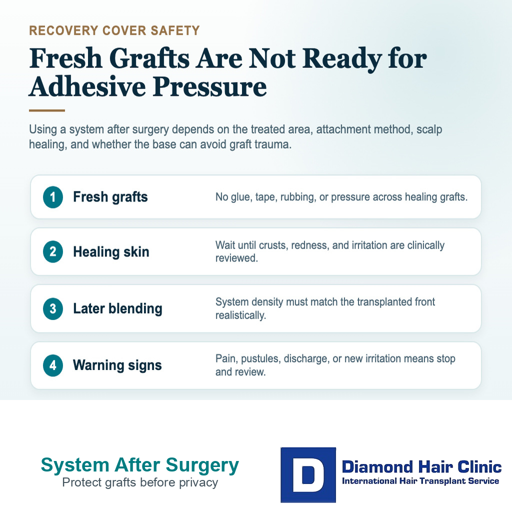Visual showing safety checks before using a hair system after hair transplant surgery