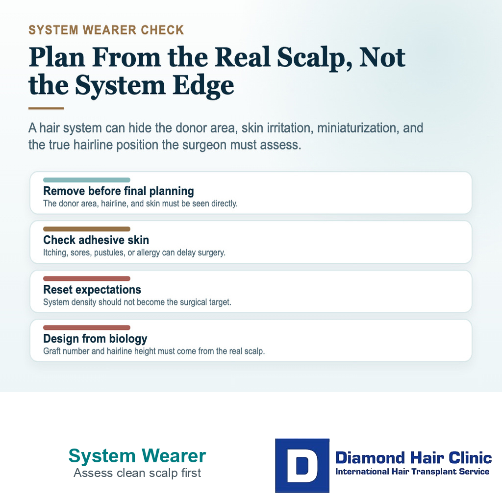 Visual explaining why hair system wearers need clean scalp assessment before transplant planning
