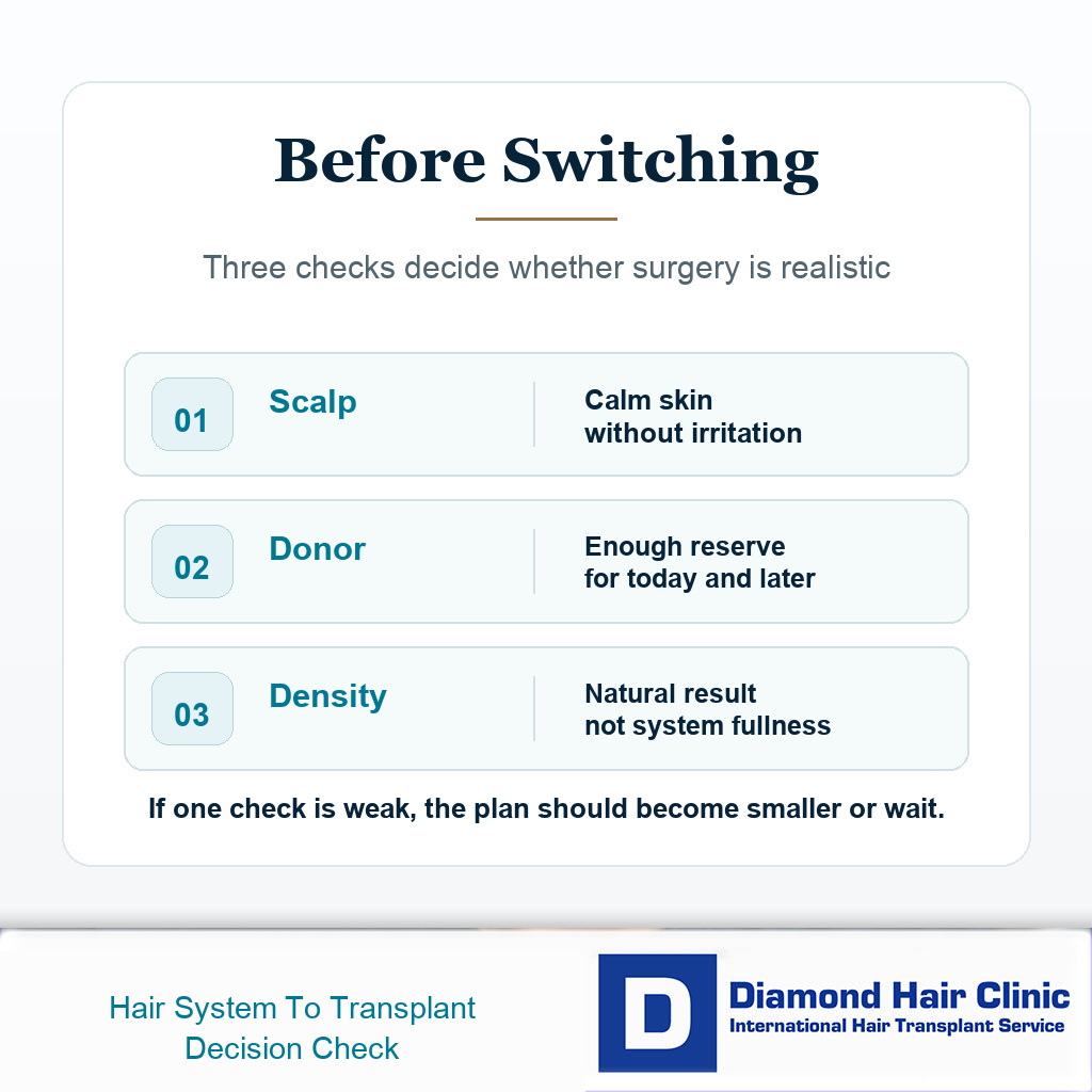 Comparison card showing the main checks before switching from a hair system to a hair transplant