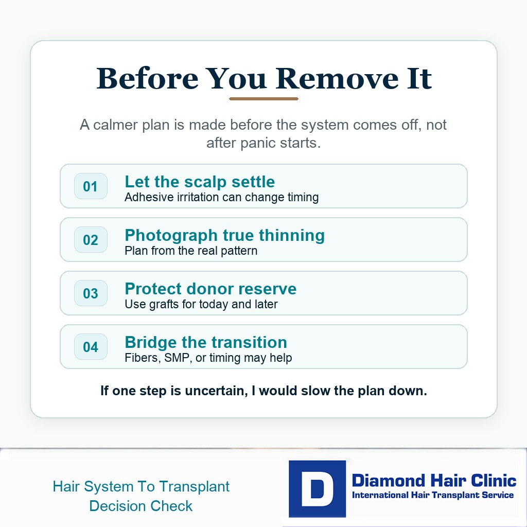 Planning card showing the main steps before removing a hair system for a hair transplant