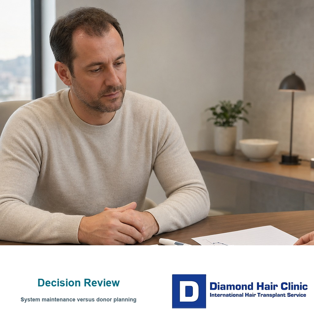 Consultation review comparing hair system maintenance with transplant planning