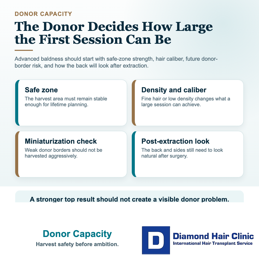 Visual explaining that donor capacity decides whether a large first hair transplant session is safe in advanced baldness.