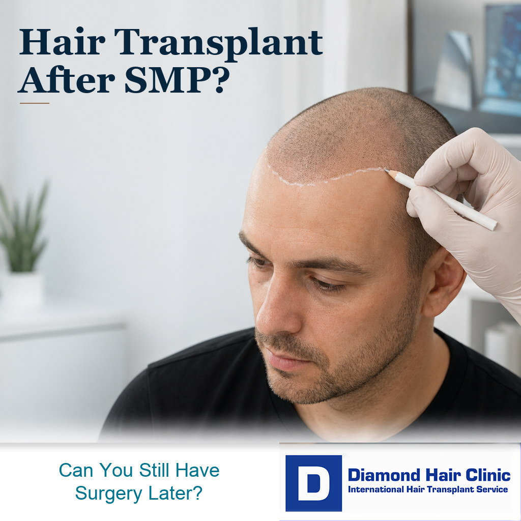 Adult male patient with scalp micropigmentation having a conservative future hairline marked before hair transplant planning.