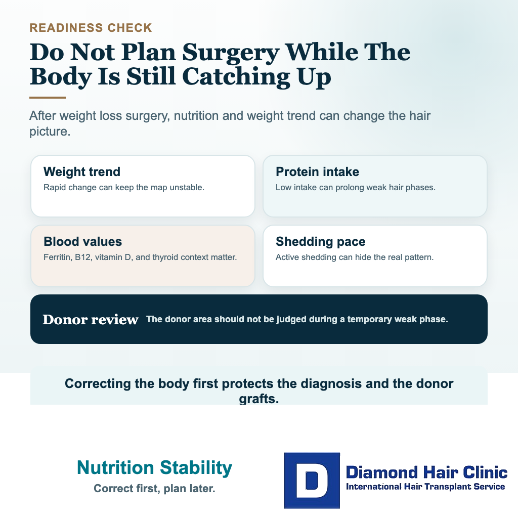 Visual explaining weight trend protein intake blood values and donor review before hair transplant after weight loss surgery