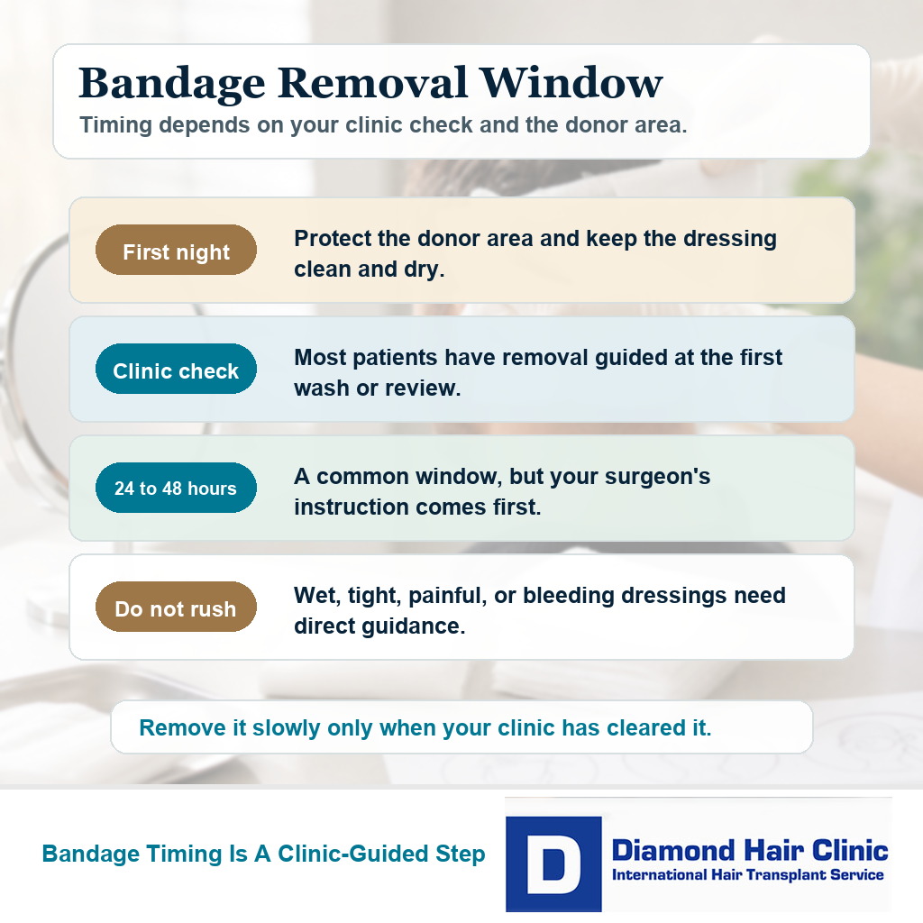 Bandage removal timing card for the first 24 to 48 hours after hair transplant