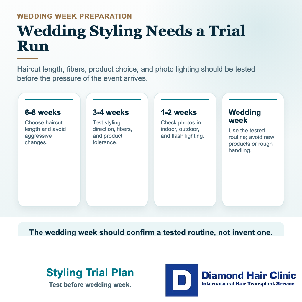Wedding hair transplant styling trial plan card covering haircut, styling, lighting, and no last-minute product experiments