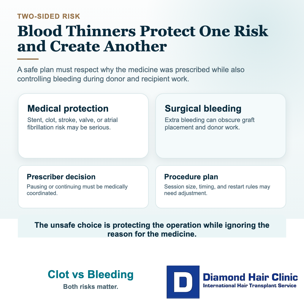 Blood thinners and hair transplant visual comparing clot protection with surgical bleeding risk