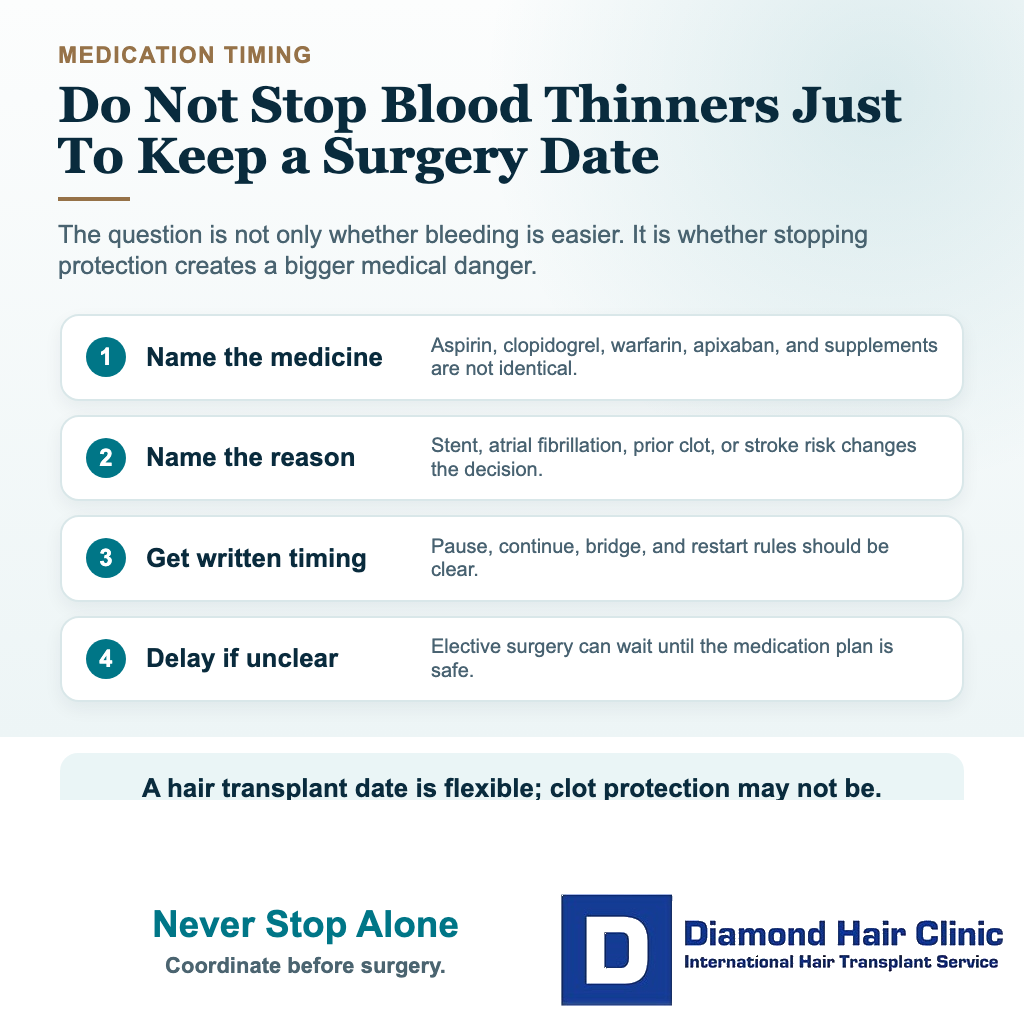 Blood thinners and hair transplant visual explaining not to stop anticoagulants or antiplatelets without doctor coordination
