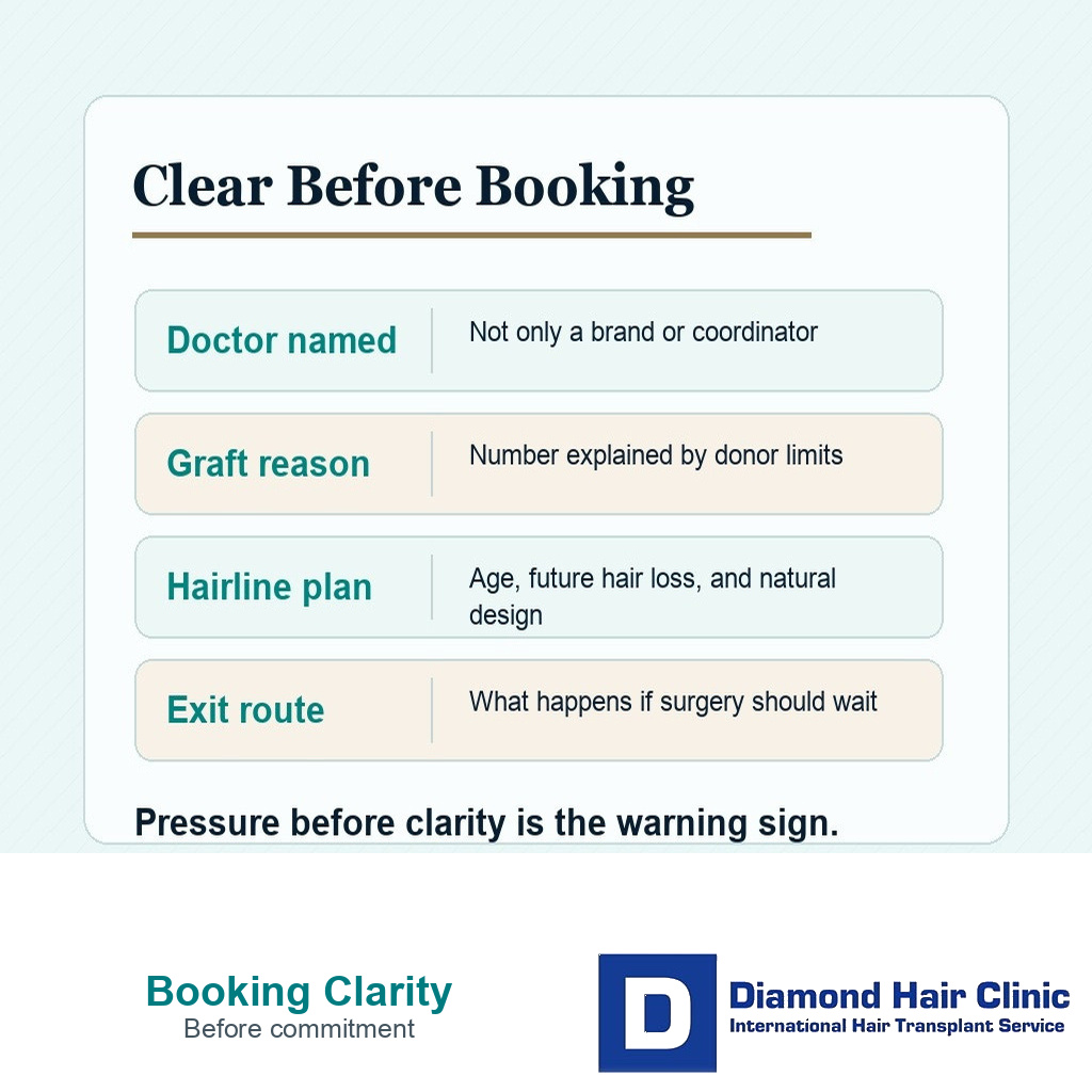 Diamond Hair Clinic decision card showing what should be clear before booking a hair transplant.