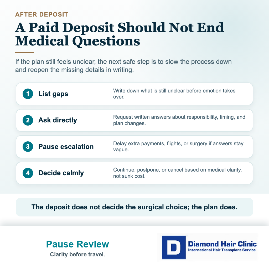 Diamond Hair Clinic visual showing how to pause and review unclear details after a hair transplant deposit.