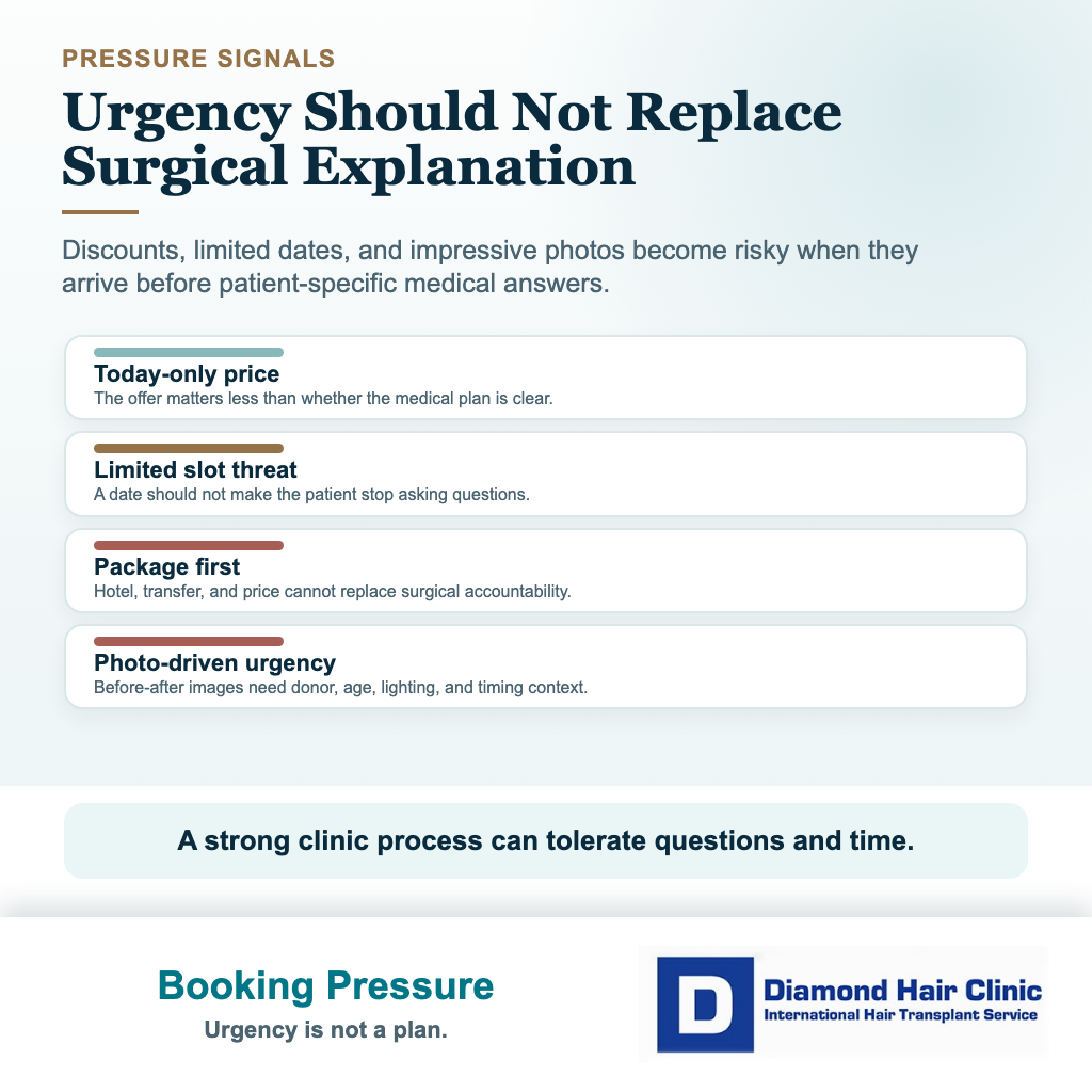 Diamond Hair Clinic visual explaining booking pressure signals such as today-only pricing, limited slots, package-first selling, and photo-driven urgency before a hair transplant.