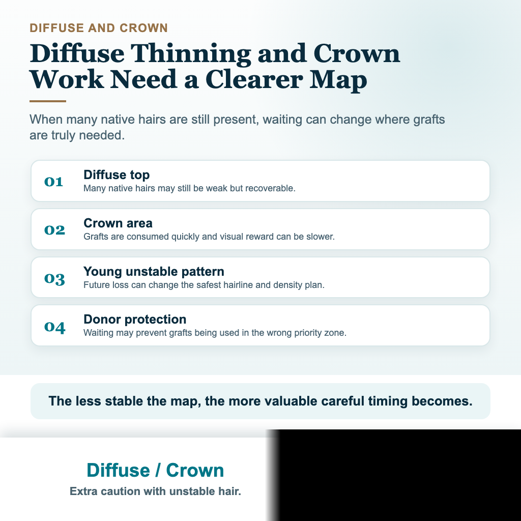 Card explaining why diffuse thinning and crown thinning need extra caution during an active minoxidil shed
