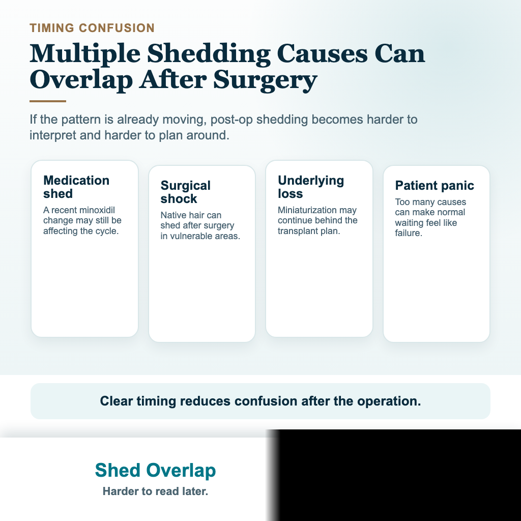 Risk chain card showing medication shedding, shock loss, and native hair loss can overlap around hair transplant surgery
