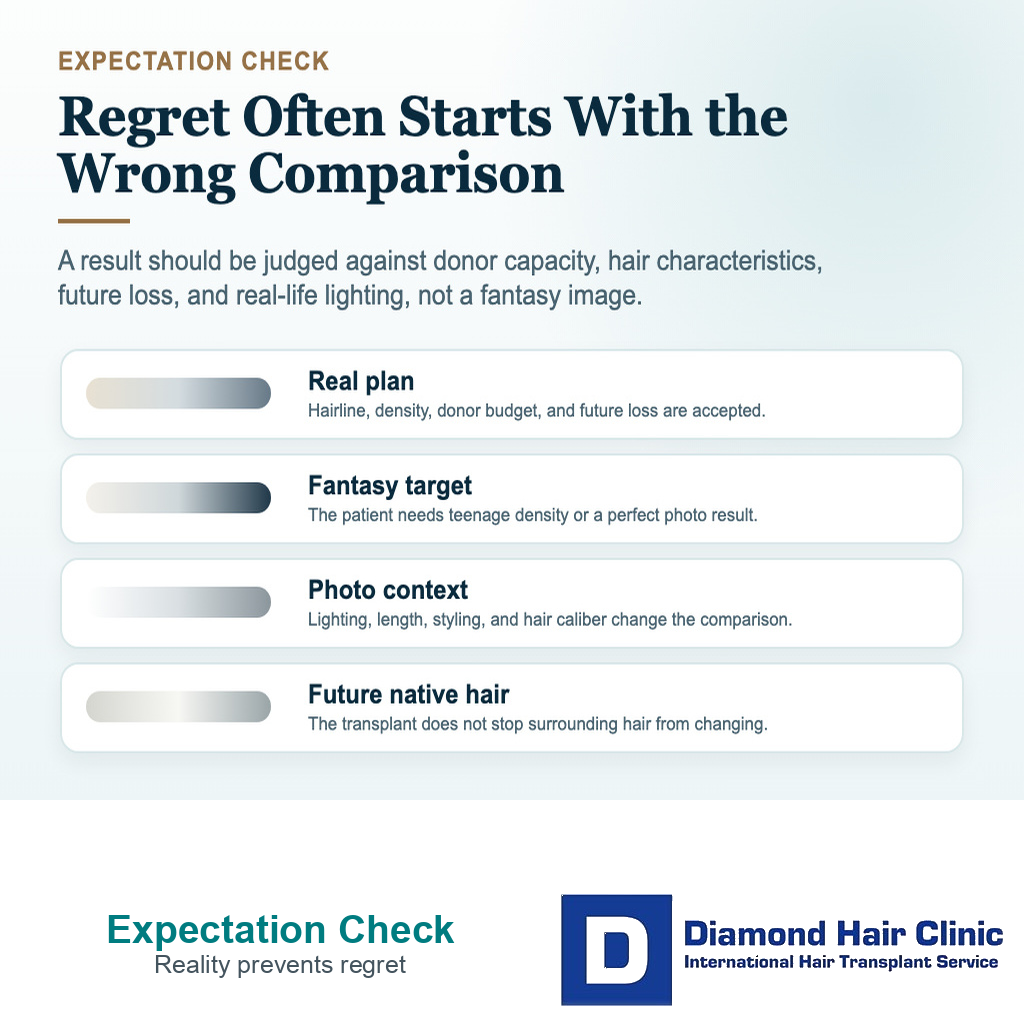 Expectation check card explaining realistic comparison before hair transplant surgery