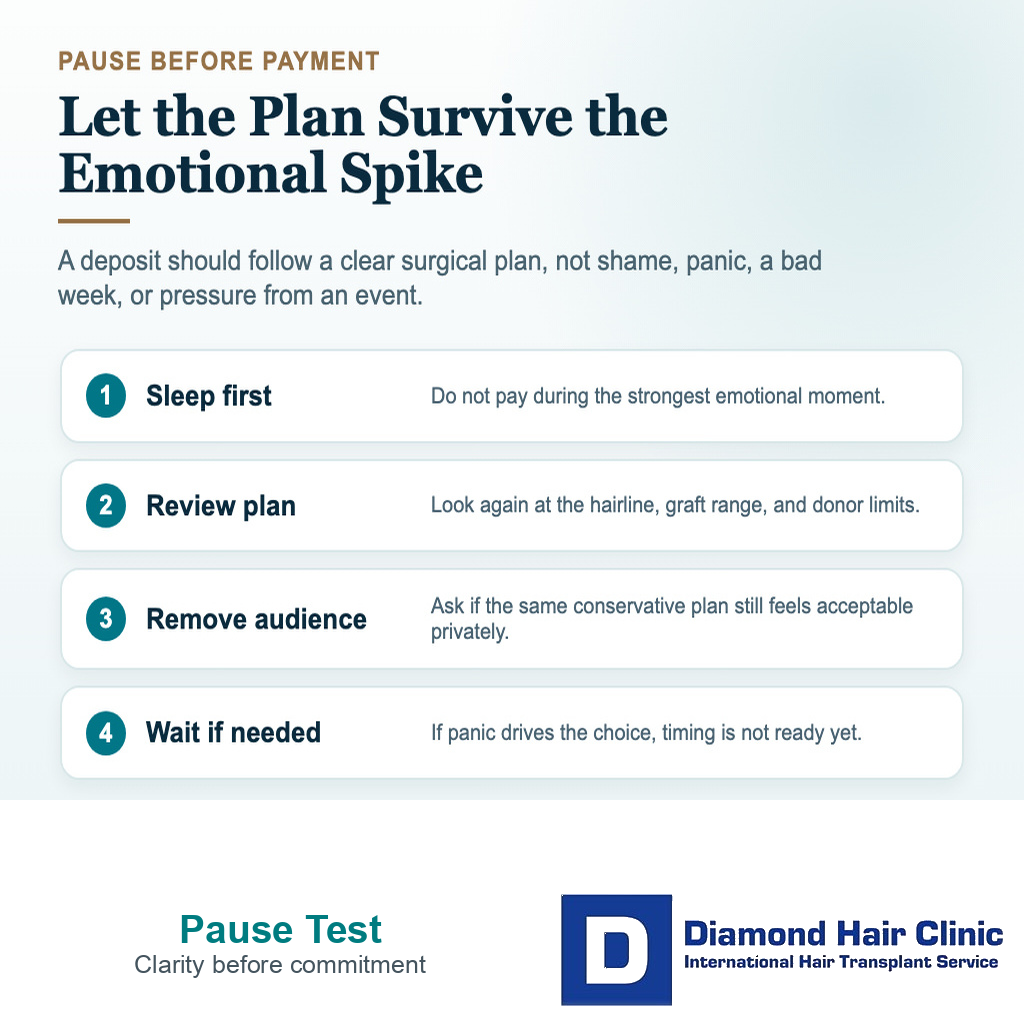 Pause before payment card for hair transplant emotional readiness