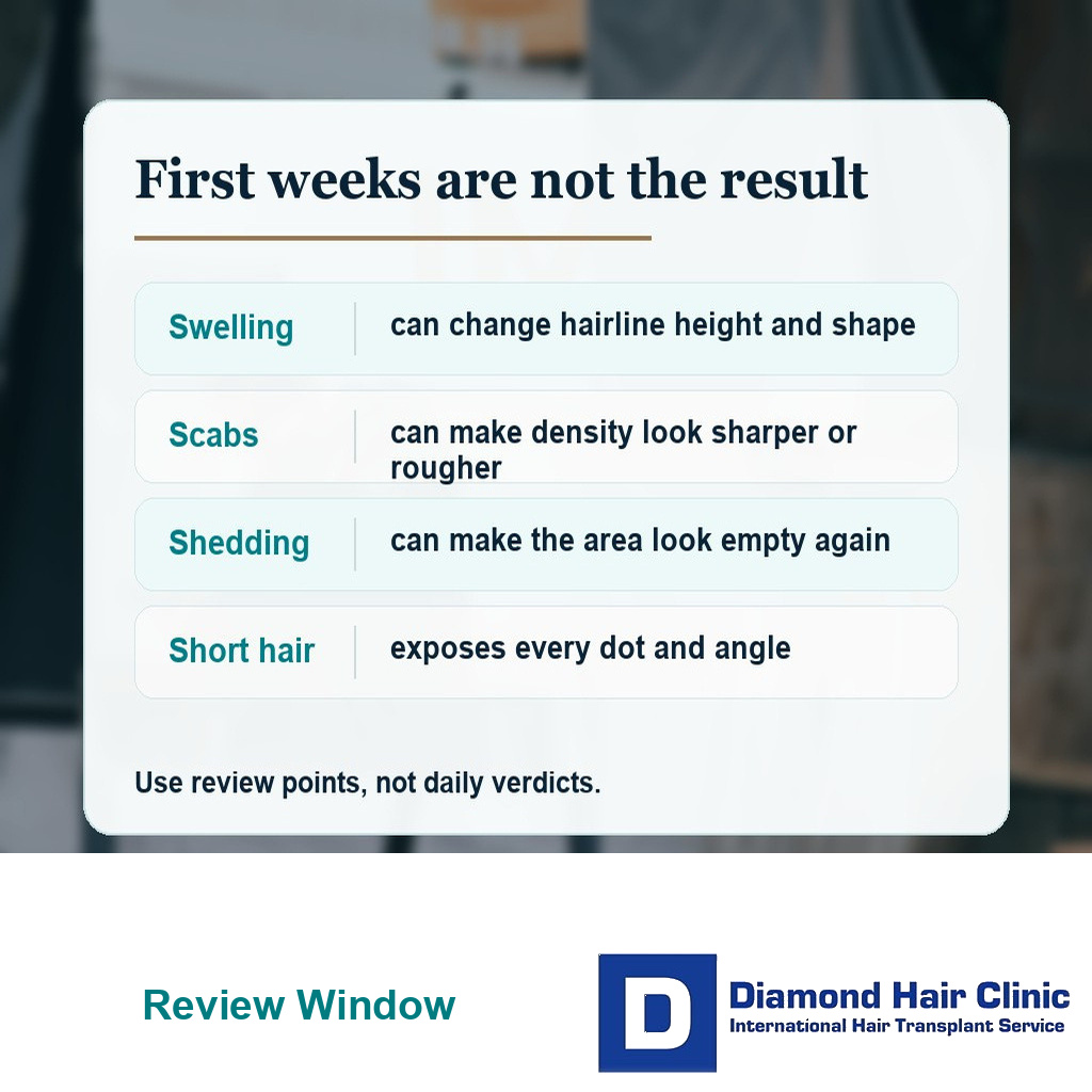 Diamond Hair Clinic visual showing the first weeks are not the final review point after hair transplant surgery