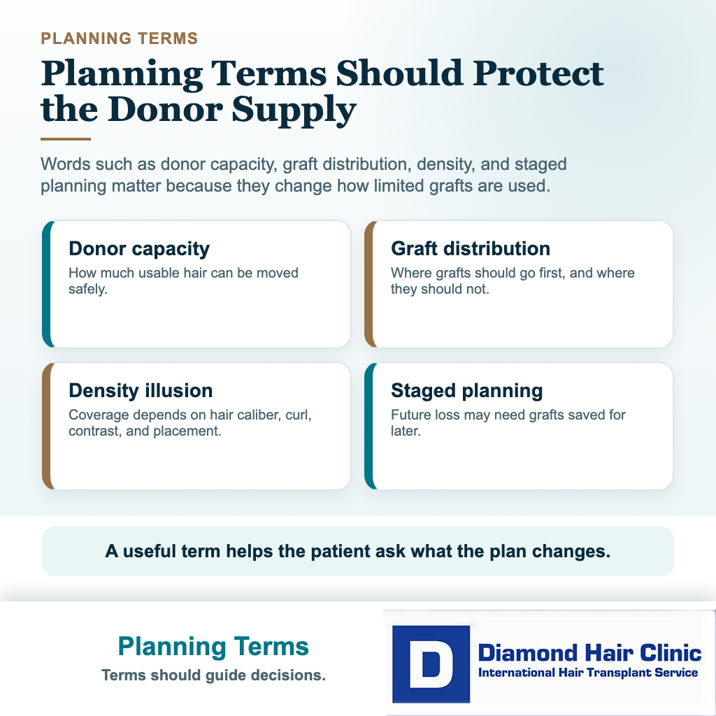 Hair transplant glossary visual explaining donor capacity, graft distribution, density, and staged planning terms