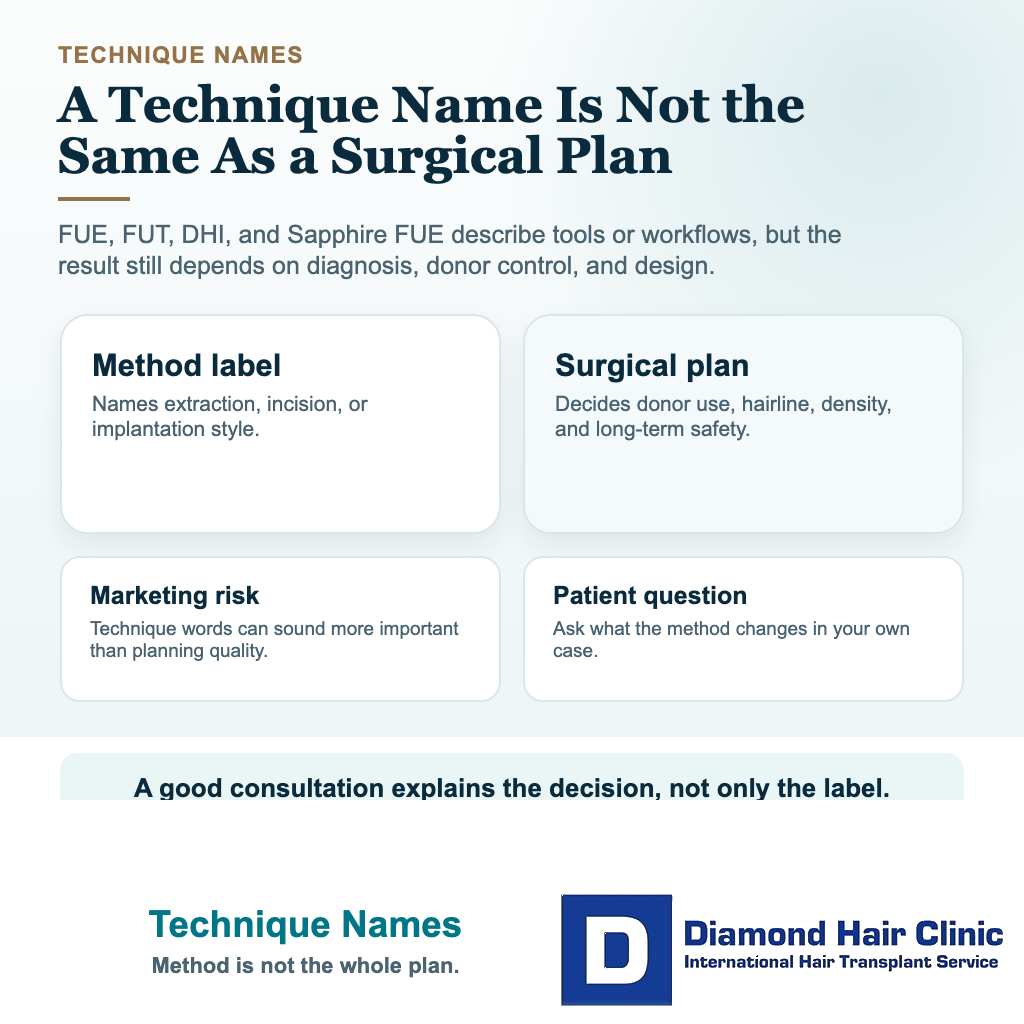 Hair transplant glossary visual explaining why technique names such as FUE DHI FUT and Sapphire FUE do not replace surgical planning
