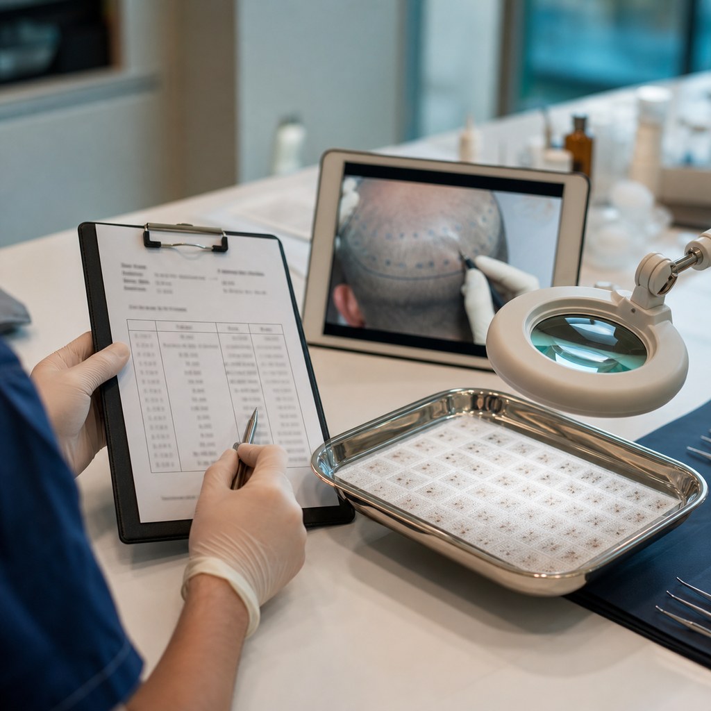 Surgeon reviewing graft count documentation, scalp planning images, and graft trays before hair transplant surgery