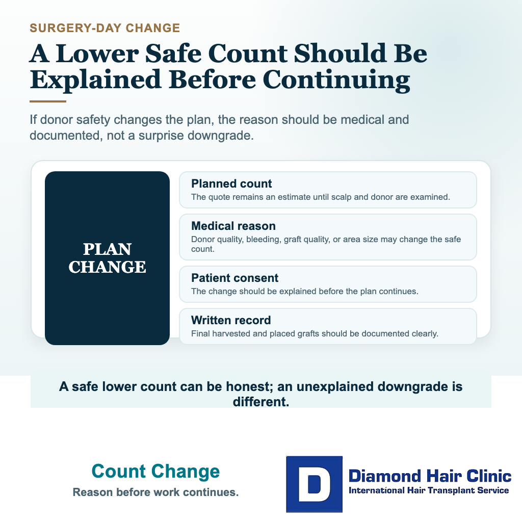 Diamond Hair Clinic visual explaining how a safe surgery-day graft count change should be explained, consented, and documented