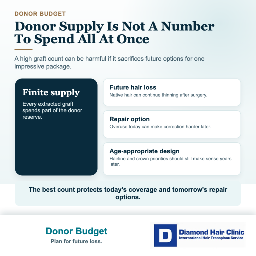 Diamond Hair Clinic visual explaining why graft count should protect donor supply, future hair loss planning, and repair options