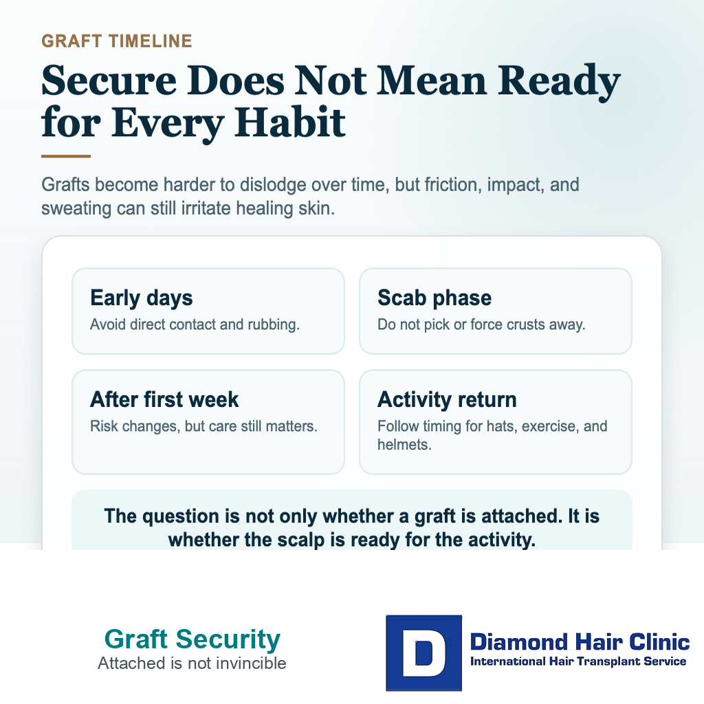 When Are Hair Transplant Grafts Secure? visual explaining when can hats, helmets, and exercise become safer?