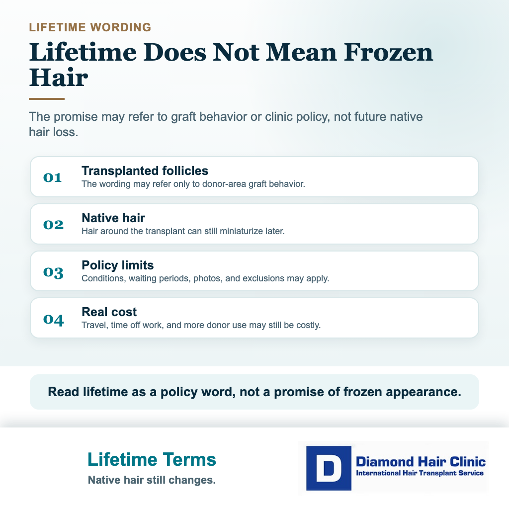Card explaining why lifetime growth guarantee wording does not freeze future native hair loss after transplant