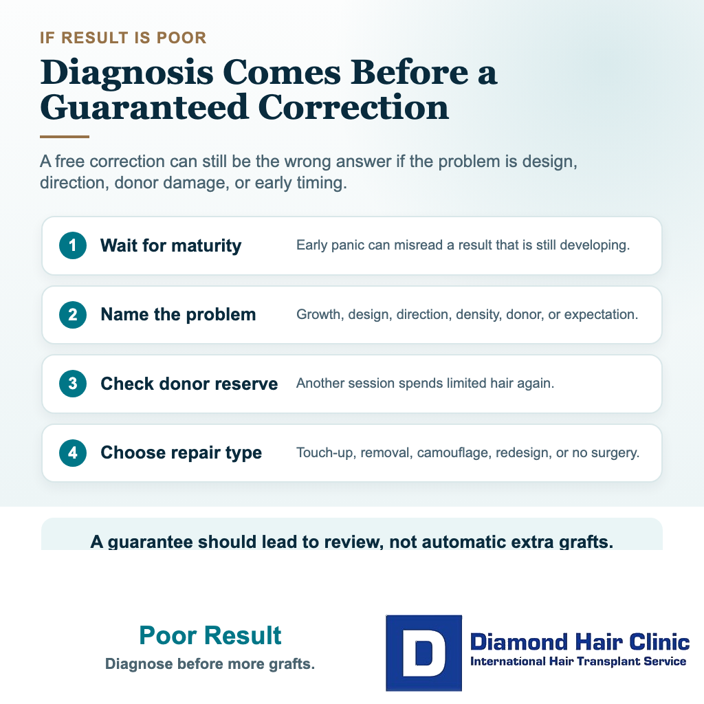 Decision card explaining that a poor hair transplant result needs diagnosis before guaranteed correction surgery