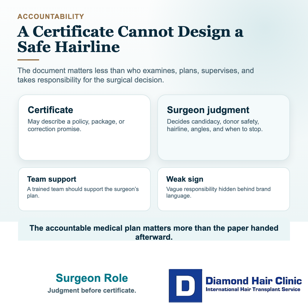 Card showing why surgeon involvement matters more than a guarantee certificate in hair transplant planning