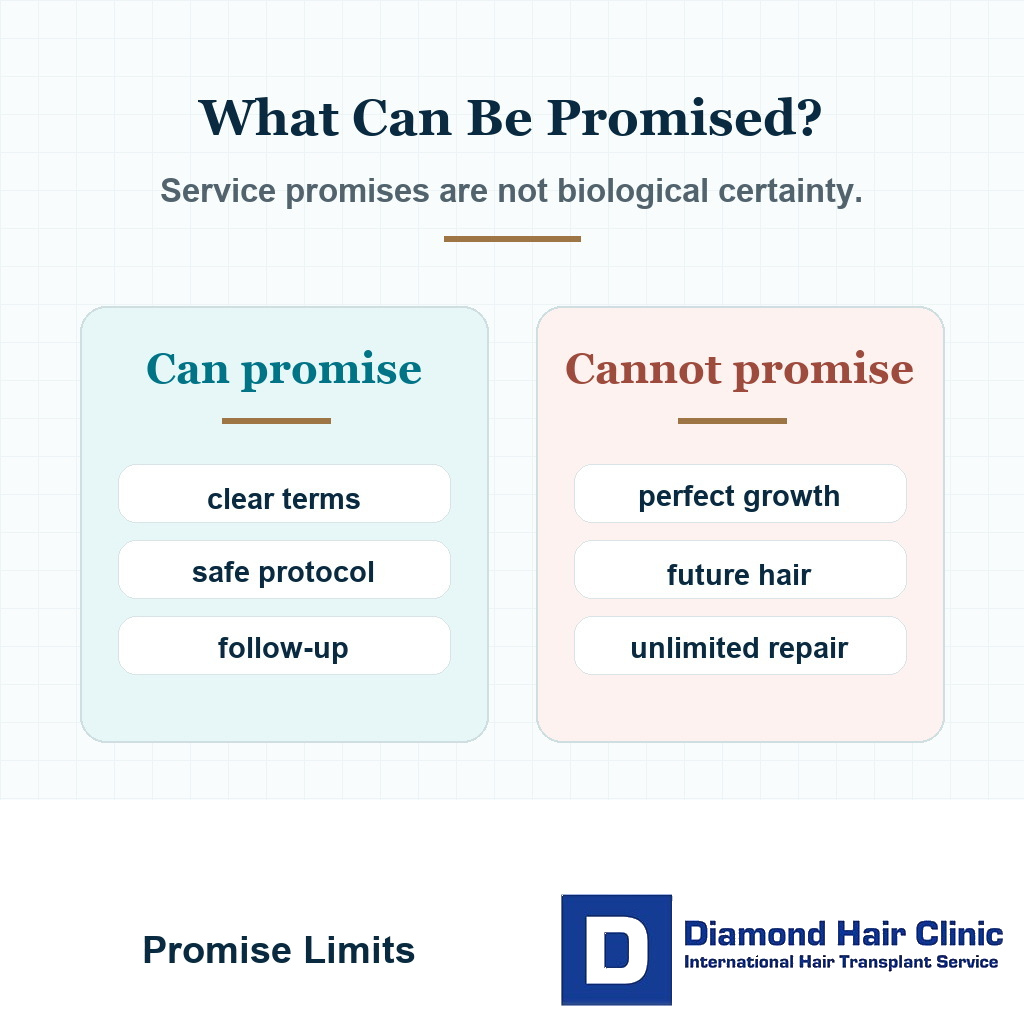 Comparison card explaining what a hair transplant clinic can and cannot guarantee