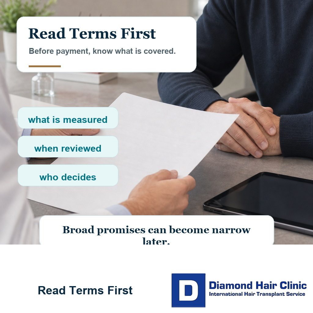 Visual showing a patient reviewing written hair transplant guarantee terms before payment