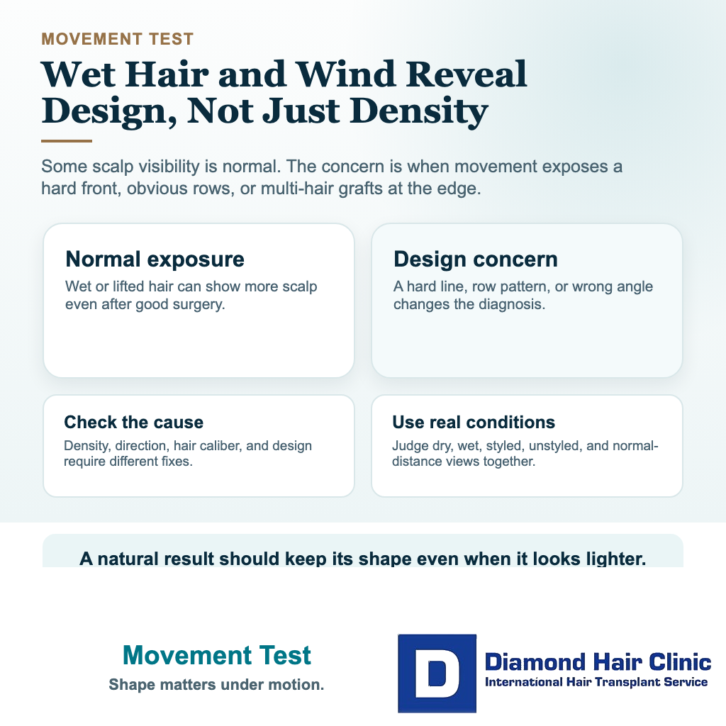 Visual explaining what wet hair and wind can reveal about hair transplant design, including hard lines, rows, and wrong direction.