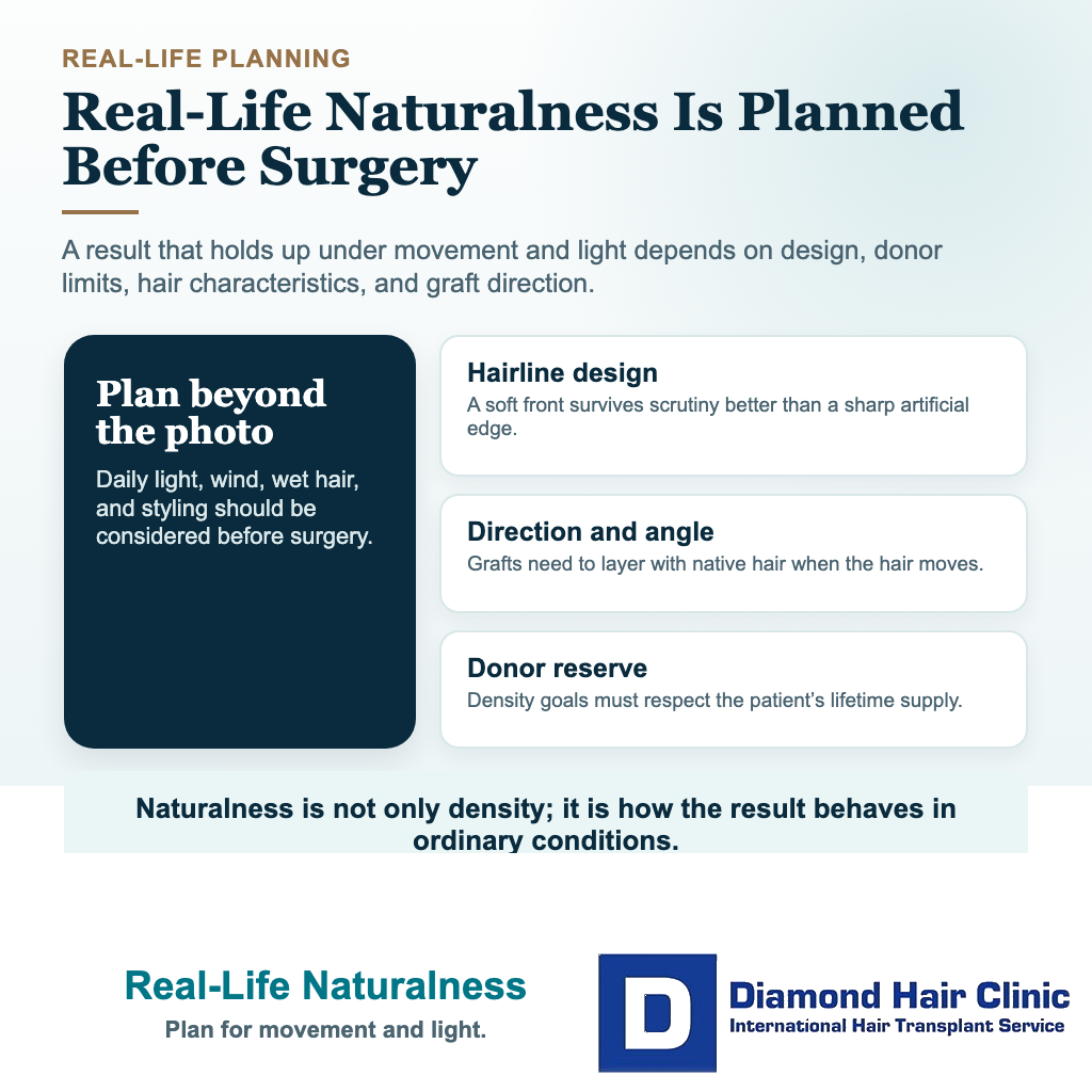 Visual explaining that real-life naturalness after hair transplant depends on hairline design, graft direction, donor reserve, and hair characteristics.
