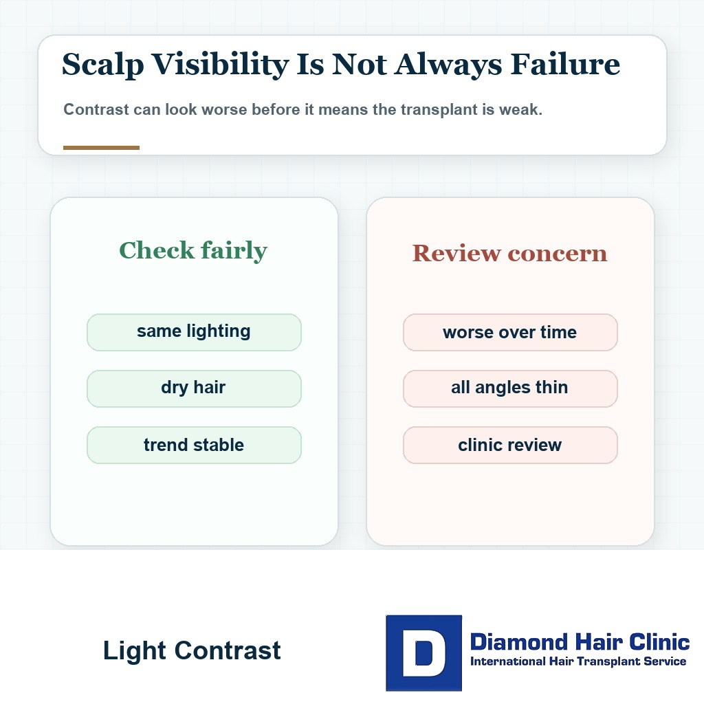 Comparison visual showing scalp visibility under harsh light versus a real density concern after hair transplant