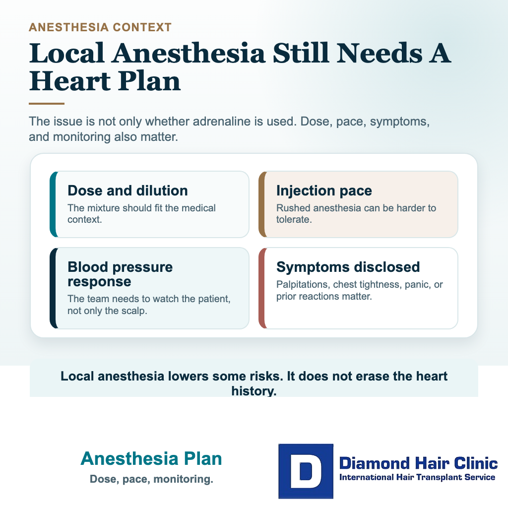 Visual explaining why local anesthesia with adrenaline needs dose pace monitoring and medical review in heart patients