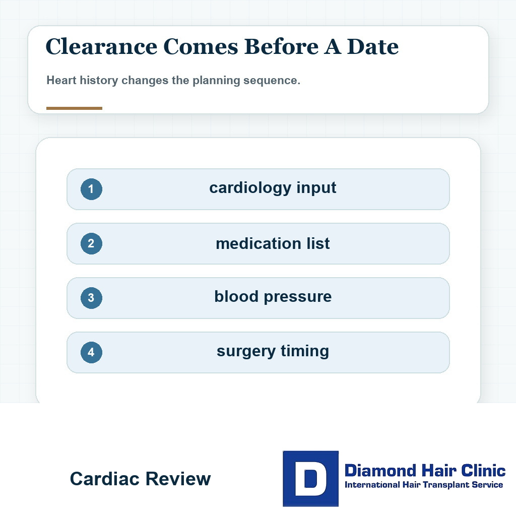 Visual explaining cardiology review before hair transplant surgery for a patient with a stent
