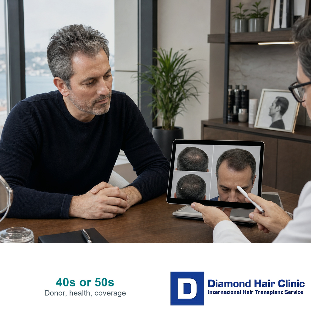 A mature patient reviews donor and hairline planning photos during a hair transplant consultation.
