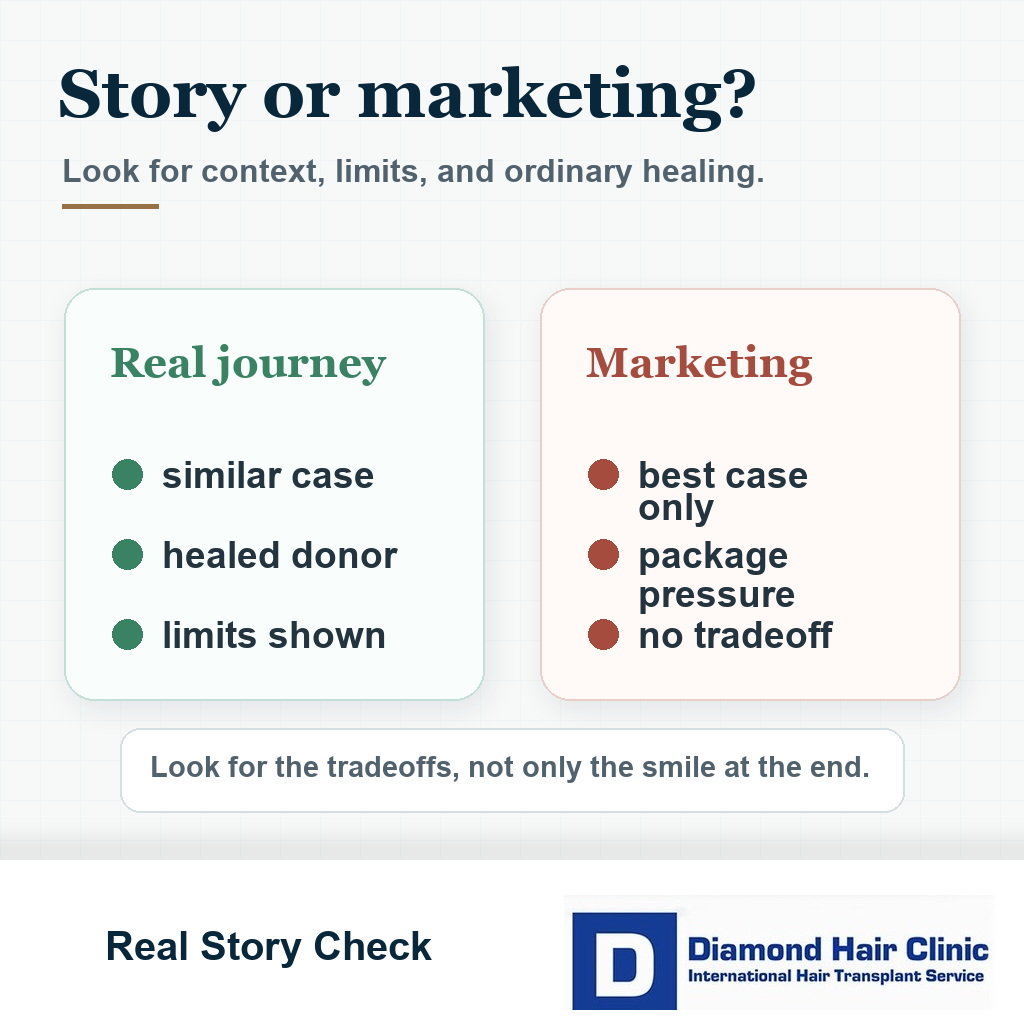 Visual comparison of a real hair transplant patient journey versus polished marketing content