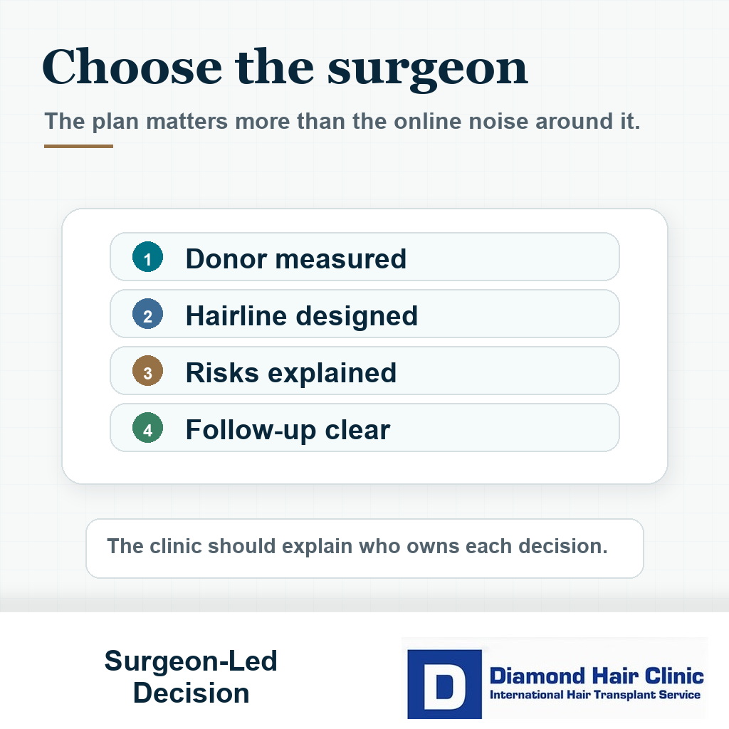 Visual guide showing donor measurement hairline design risk explanation and follow-up should be surgeon-led